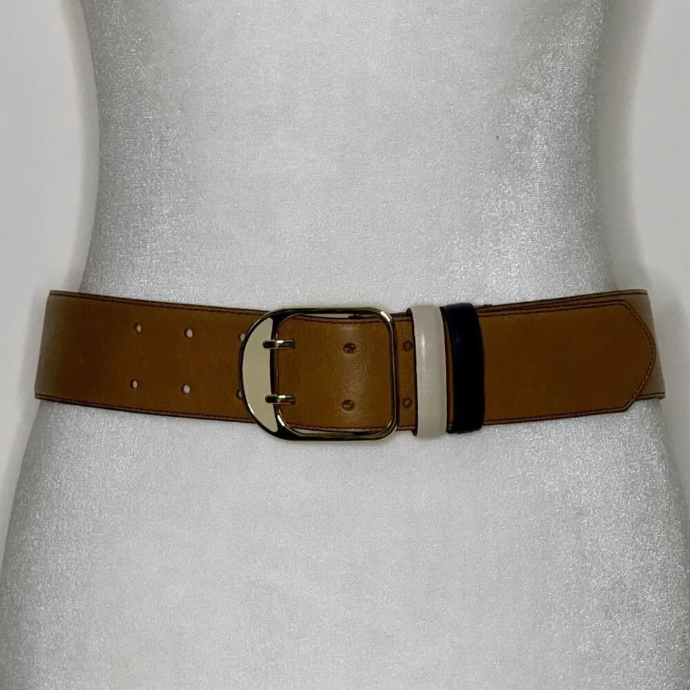 ANN TAYLOR Belt Women's S Brown Leather Blue Cream Double Gold Tone Buckle READ